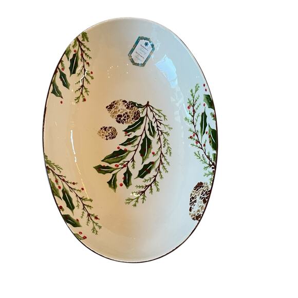 Papart Handpainted Turkish Serving Bowl 14x9 Ceramic Holiday Pinecone Holly NEW - Picture 5 of 15